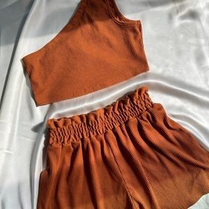 ASOS Rust Ribbed Two Piece Set Shorts & Crop Top One Shoulder High Waisted Short